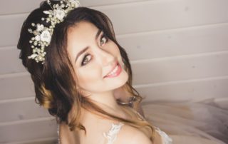 Smiling Bride With Pearl Headpiece