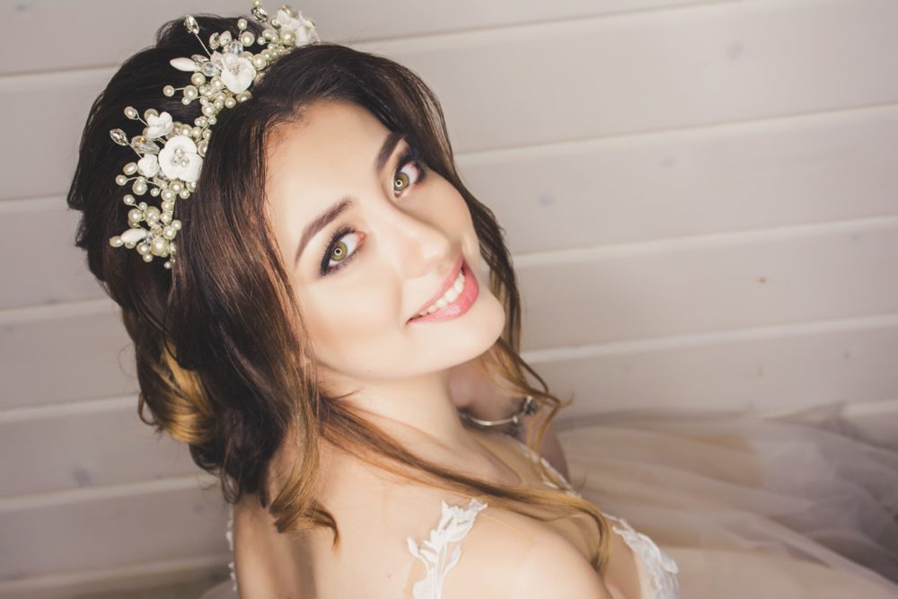 Smiling Bride With Pearl Headpiece