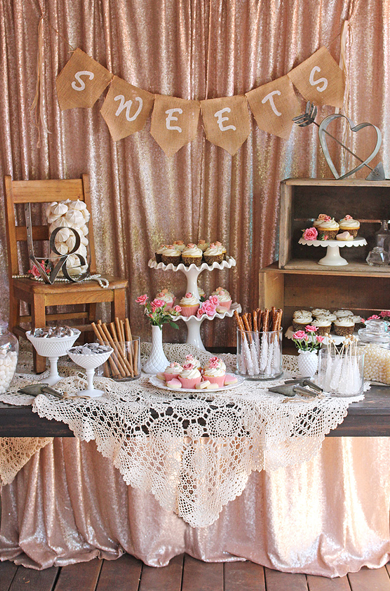 Wedding Dessert Table With Curtains And Sign
